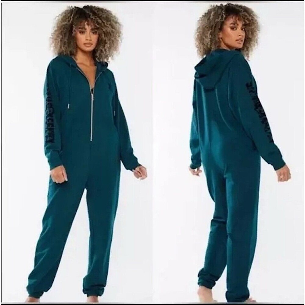 Savage X Fenty Forever Savage Logo Graphic Hooded Hunter Green Jumpsuit Size L